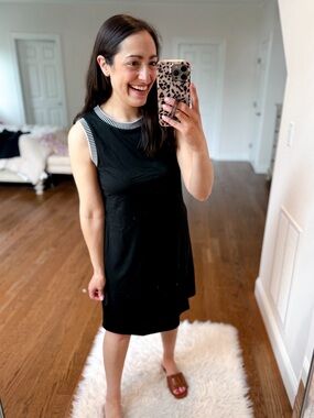 Black Sleeveless Mini Dress with Striped Trim